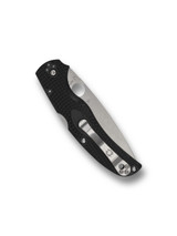 Spyderco Native Chief folding knife with thumb hole - shown closed pocket clip side.  Satin CTS-BD1N stainless steel serrated edge blade.  Black FRN handle.  Model C244SBK.