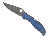 Spyderco Stretch 2 XL Sprint Run folding knife with thumb hole - shown open presentation side.  Damascus steel plain edge blade.  Blue Nishijin Glass Fiber handle.  Model C258GFBLP.
For reference only.