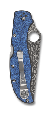 Spyderco Stretch 2 XL Sprint Run folding knife with thumb hole - shown closed pocket clip side.  Damascus steel plain edge blade.  Blue Nishijin Glass Fiber handle.  Model C258GFBLP.
For reference only.