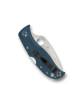 Spyderco LeafJumper folding knife with thumb hole - shown closed pocket clip side.  Satin K390 steel serrated edge blade.  Blue FRN handle.  Model C262SBLK390.