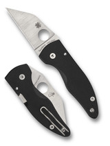 Spyderco MicroJimbo folding knife with thumb hole - shown open presentation side and closed pocket clip side.  Satin S30V stainless steel plain edge blade.  Black G-10 handle.  Model C264GP.