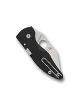 Spyderco MicroJimbo folding knife with thumb hole - shown closed pocket clip side.  Satin S30V stainless steel plain edge blade.  Black G-10 handle.  Model C264GP.