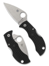Spyderco Manbug leaf folding knife with thumb hole - shown open obverse and closed reverse.  Satin VG-10 stainless steel plain edge blade.  Black FRN handle.  Model MBKLFP.