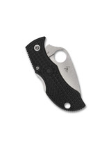 Spyderco Manbug leaf folding knife with thumb hole - shown closed reverse.  Satin VG-10 stainless steel serrated edge blade.  Black FRN handle.  Model MBKLFS.
