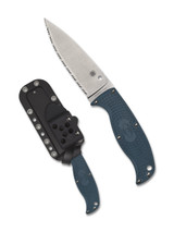 Spyderco Enuff 2 Leaf fixed blade knife - shown out of sheath reverse and in sheath reverse. Satin K390 steel serrated edge blade. Blue FRN handle. Model FB31SBL2K390. Spyderco Enuff 2 Leaf fixed blade knife - shown out of sheath reverse and in sheath reverse. Satin K390 steel serrated edge blade. Blue FRN handle. Model FB31SBL2K390.