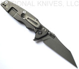 Rick Hinderer Knives Eklipse Wharncliffe folding knife with flipper tab and thumb stud - shown open lock side.  Working Finish 20CV stainless steel plain edge blade.  Translucent Green G-10 handle with Working Finish lock side.  Model KEK35WC.