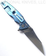 Rick Hinderer Knives Eklipse Wharncliffe folding knife with flipper tab and thumb stud - shown open lock side.  Stonewash 20CV stainless steel plain edge blade.  FDE G-10 handle with stonewash blue lock side.  Model KEK35WC.