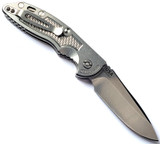 Rick Hinderer Knives Automatic XM-18 Spear Point folding knife with push button - shown open pocket clip side.  Stonewash 20CV stainless steel plain edge blade.  Stonewash titanium handle.  Model KAXM35SPE.