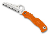 Spyderco Rescue 79mm folding knife with thumb hole - shown open presentation side.  Satin VG-10 stainless steel serrated edge blade.  Orange FRN handle.  Model C45SOR.