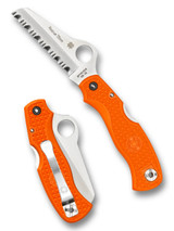 Spyderco Rescue 79mm folding knife with thumb hole - shown open presentation side and closed pocket clip side.  Satin VG-10 stainless steel serrated edge blade.  Orange FRN handle.  Model C45SOR.