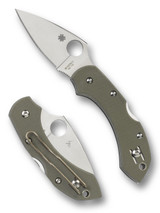 Spyderco Dragonfly folding knife with thumb hole - shown open presentation side and closed pocket clip side.  Satin VG-10 stainless steel plain edge blade.  Foliage Green G-10 handle.  Model C28GPFG.
 Spyderco Dragonfly folding knife with thumb hole - shown open presentation side and closed pocket clip side.  Satin VG-10 stainless steel plain edge blade.  Foliage Green G-10 handle.  Model C28GPFG.