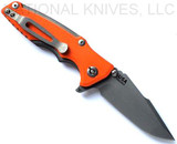 Rick Hinderer Knives Eklipse 3.0" Harpoon Spanto folding knife with flipper tab and thumb stud - shown open reverse.  Working Finish 20CV stainless steel plain edge blade.  Orange G-10 handle with Working Finish titanium.  Model KEK30HS