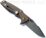 Rick Hinderer Knives Eklipse 3.0" Harpoon Spanto folding knife with flipper tab and thumb stud - shown open reverse.  Working Finish 20CV stainless steel plain edge blade.  FDE G-10 handle with Working Finish titanium.  Model KEK30HS