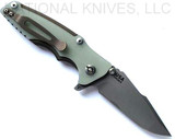 Rick Hinderer Knives Eklipse 3.0" Harpoon Spanto folding knife with flipper tab and thumb stud - shown open reverse.  Working Finish 20CV stainless steel plain edge blade.  Translucent Green G-10 handle with Battle Bronze titanium.  Model KEK30HS
