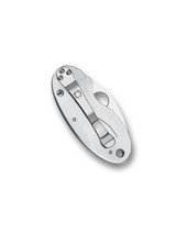 Spyderco Cricket folding knife with thumb hole - shown closed pocket clip side.  Satin VG-10 stainless steel serrated edge blade.  Stainless steel handle.  Model C29S.