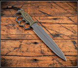 RMJ Tactical Lady Death fixed blade knife - shown out of sheath obverse.  Cobalt Cerakote MagnaCut stainless steel plain edge blade.  Dirty Olive G-10 handle.  Model K-LD-MC-CO-DO-BG.