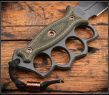 RMJ Tactical Lady Death fixed blade knife - close up of obverse handle.  Cobalt Cerakote MagnaCut stainless steel plain edge blade.  Dirty Olive G-10 handle.  Model K-LD-MC-CO-DO-BG.