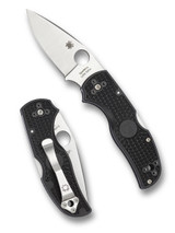 Spyderco Native 5 folding knife with thumb hole - shown open presentation side and closed pocket clip side.  Satin S30V stainless steel plain edge blade.  Black FRN handle.  Model C41PBK5.
