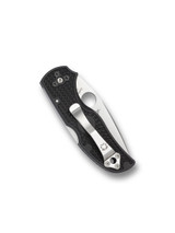 Spyderco Native 5 folding knife with thumb hole - shown closed pocket clip side.  Satin S30V stainless steel plain edge blade.  Black FRN handle.  Model C41PBK5.