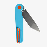 Tactile Knife Co Seasonal Release GT Rockwall folding knife with a thumb stud - shown partially open pocket clip side.  Stonewashed MagnaCut stainless steel plain edge Tanto blade.  Blue coated titanium handle.  Model 20-RT-MCTN-TTGT.