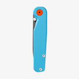 Tactile Knife Co Seasonal Release GT Rockwall folding knife with a thumb stud - shown closed presentation side.  Stonewashed MagnaCut stainless steel plain edge Tanto blade.  Blue coated titanium handle.  Model 20-RT-MCTN-TTGT.