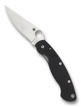 Spyderco Military folding knife with thumb hole - shown open presentation side.  Satin S30V stainless steel plain edge blade.  Black G-10 handle.  Model C36GPE.