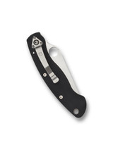 Spyderco Military folding knife with thumb hole - shown closed pocket clip side.  Satin S30V stainless steel plain edge blade.  Black G-10 handle.  Model C36GPE.
