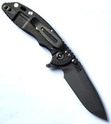 Rick Hinderer Knives XM-18 3.0" Spanto folding knife with thumb stud and flipper tab - shown open lock side.  Working Finish 20CV stainless steel plain edge blade.  Blue - black G-10 handle with Working Finish lock side.  Model KXM30SPA.