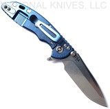 Rick Hinderer Knives XM-18 3.0" Spanto folding knife with thumb stud and flipper tab - shown open lock side.  Stonewash 20CV stainless steel plain edge blade.  Blue - black G-10 handle with stonewash blue lock side.  Model KXM30SPA.