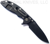 Rick Hinderer Knives Skinny XM-18 3.5" Slicer folding knife with thumb stud and flipper tab - shown open lock side.  Battle Black MagnaCut stainless steel plain edge blade.  Blue G-10 handle with Battle Black lock side.  Model KXM35SKSLDLC.