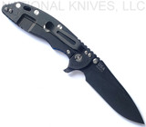 Rick Hinderer Knives Skinny XM-18 3.5" Slicer folding knife with thumb stud and flipper tab - shown open lock side.  Battle Black MagnaCut stainless steel plain edge blade.  Blue - black G-10 handle with Battle Black lock side.  Model KXM35SKSLDLC.