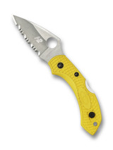 Spyderco Dragonfly 2 Salt folding knife with thumb hole - shown open presentation side.  Satin H-2 stainless steel serrated edge blade.  Yellow FRN handle.  Model C28SYL2.