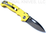 Demko Knives National Knives, LLC Exclusive MG AD-20 spear point folding knife with thumb slot and thumb stud - shown open pocket clip side.  Stonewash MagnaCut stainless steel plain edge blade.  Yellow #1 G-10 handle.