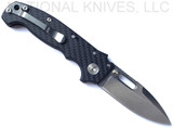 Demko Knives National Knives, LLC Exclusive MG AD-20 spear point folding knife with thumb slot and thumb stud - shown open pocket clip side.  Stonewash MagnaCut stainless steel plain edge blade.  Black carbon fiber handle.