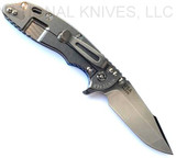 Rick Hinderer Knives XM-18 3.5" Harpoon Spanto folding knife with thumb stud and flipper tab - shown open lock side.  Stonewash S45VN stainless steel plain edge blade.  Blue G-10 handle with stonewash lock side.  Model KXM35HS.