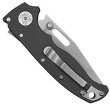 Demko Knives AD20.5 folding knife with thumb stud and slot - shown closed pocket clip side.  20CV stainless steel, clip point, plain edge blade.  Blue carbon fiber handle.  Model AD20.5-CPPE-SMCF-BK.
