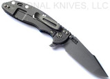 Rick Hinderer Knives XM-18 3.5" Harpoon Spanto folding knife with thumb stud and flipper tab - shown open lock side.  Working Finish S45VN stainless steel plain edge blade.  
Blue - black G-10 handle with Working Finish lock side.  Model KXM35HS.