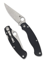 Spyderco Military 2 Sprint Run folding knife with thumb hole - shown open presentation side and closed pocket clip side.  Satin S90V stainless steel plain edge blade.  Black carbon fiber handle.  Model C36CFP2.