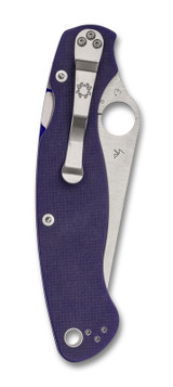 Spyderco Military 2 folding knife with thumb hole - shown closed pocket clip side.  Satin S110V stainless steel plain edge blade.  Dark Blue G-10 handle.  Model C36GPDBL2.