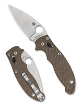 Spyderco Manix 2 folding knife with thumb hole - shown both open presentation side and closed pocket clip side.  Cru-Wear steel plain edge blade.  Brown Canvas Micarta handle.  Model C101MPCW2.
 Spyderco Manix 2 folding knife with thumb hole - shown both open presentation side and closed pocket clip side.  Cru-Wear steel plain edge blade.  Brown Canvas Micarta handle.  Model C101MPCW2.