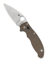 Spyderco Manix 2 folding knife with thumb hole - shown open presentation side.  Cru-Wear steel plain edge blade.  Brown Canvas Micarta handle.  Model C101MPCW2.
