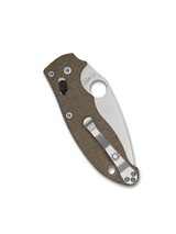 Spyderco Manix 2 folding knife with thumb hole - shown closed pocket clip side.  Cru-Wear steel plain edge blade.  Brown Canvas Micarta handle.  Model C101MPCW2.
