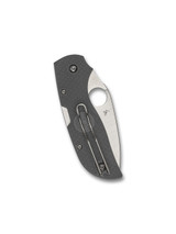 Spyderco Chaparral folding knife with thumb hole - shown closed pocket clip side.  Satin CTS-XHP stainless steel serrated edge blade. Gray FRN handle.  Model C152SGY.