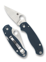 Spyderco Para 3 folding knife with thumb hole - shown open presentation side and closed pocket clip side.  Satin SPY27 stainless steel plain edge blade. Cobalt Blue G-10 handle.  Model C223GPCBL.
