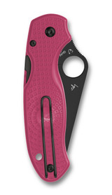 Spyderco Para 3 folding knife with thumb hole - shown closed pocket clip side.  Black CTS-BD1N stainless steel plain edge blade.  Pink FRN handle.  Model C223PPNBK.