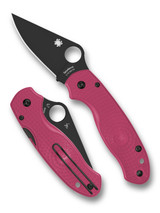 Spyderco Para 3 folding knife with thumb hole - shown open presentation side and closed pocket clip side.  Black CTS-BD1N stainless steel plain edge blade.  Pink FRN handle.  Model C223PPNBK.
