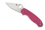 Spyderco Para 3 folding knife with thumb hole - shown open presentation side.  Satin CTS-BD1N stainless steel plain edge blade.  Pink FRN handle.  Model C223PPN.