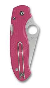 Spyderco Para 3 folding knife with thumb hole - shown closed pocket clip side.  Satin CTS-BD1N stainless steel plain edge blade.  Pink FRN handle.  Model C223PPN.