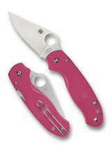 Spyderco Para 3 folding knife with thumb hole - shown open presentation side and closed pocket clip side.  Satin CTS-BD1N stainless steel plain edge blade.  Pink FRN handle.  Model C223PPN.