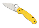 Spyderco Para 3 Salt folding knife with thumb hole - shown open presentation side.  Satin MagnaCut stainless steel plain edge blade.  Yellow FRN handle.  Model C223PYL.